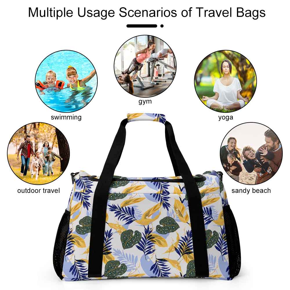 Tropical Leaf Print Duffel Bag Blue & White Travel Luggage for Vacation Beach Trip