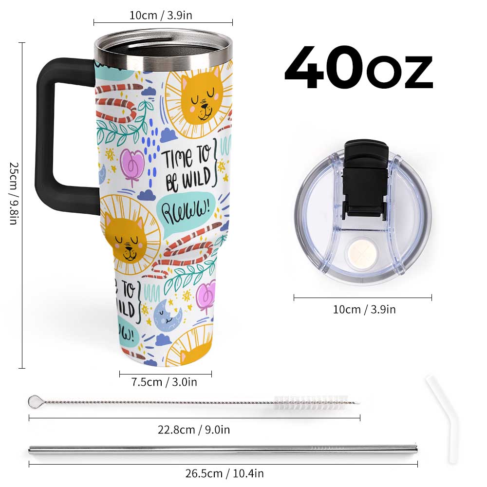 Travel Mug with Handle White Colorful Sun Moon Stars and Time to Be Wild Print for Outdoor Adventures
