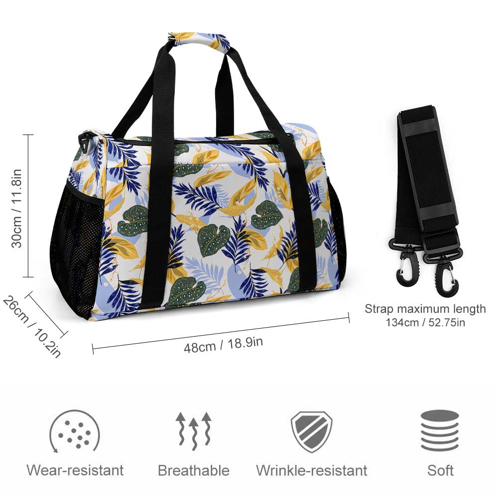 Tropical Leaf Print Duffel Bag Blue & White Travel Luggage for Vacation Beach Trip