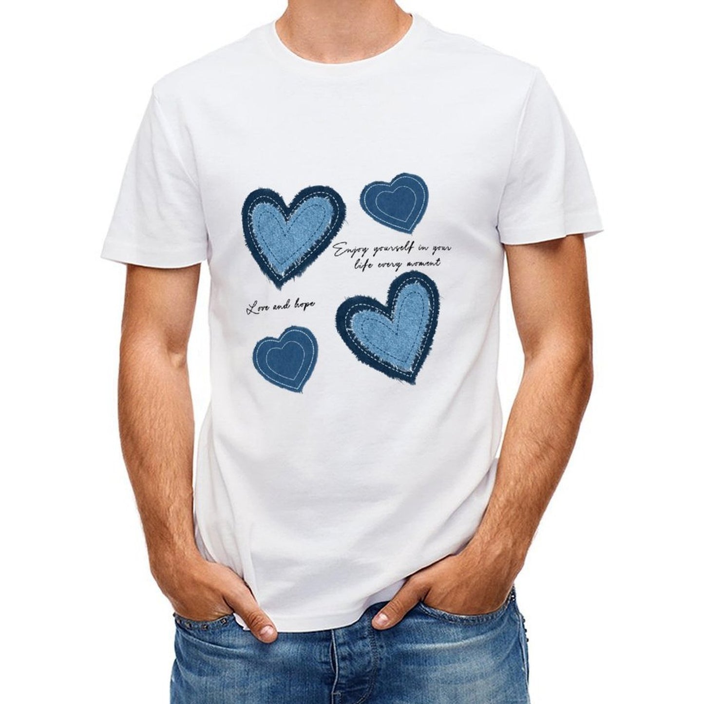 Inkmay Casual Cotton T-shirt Heart Shapes In Denim Style Prints Unisex T-shirtSmoothWear Classic T-Shirt