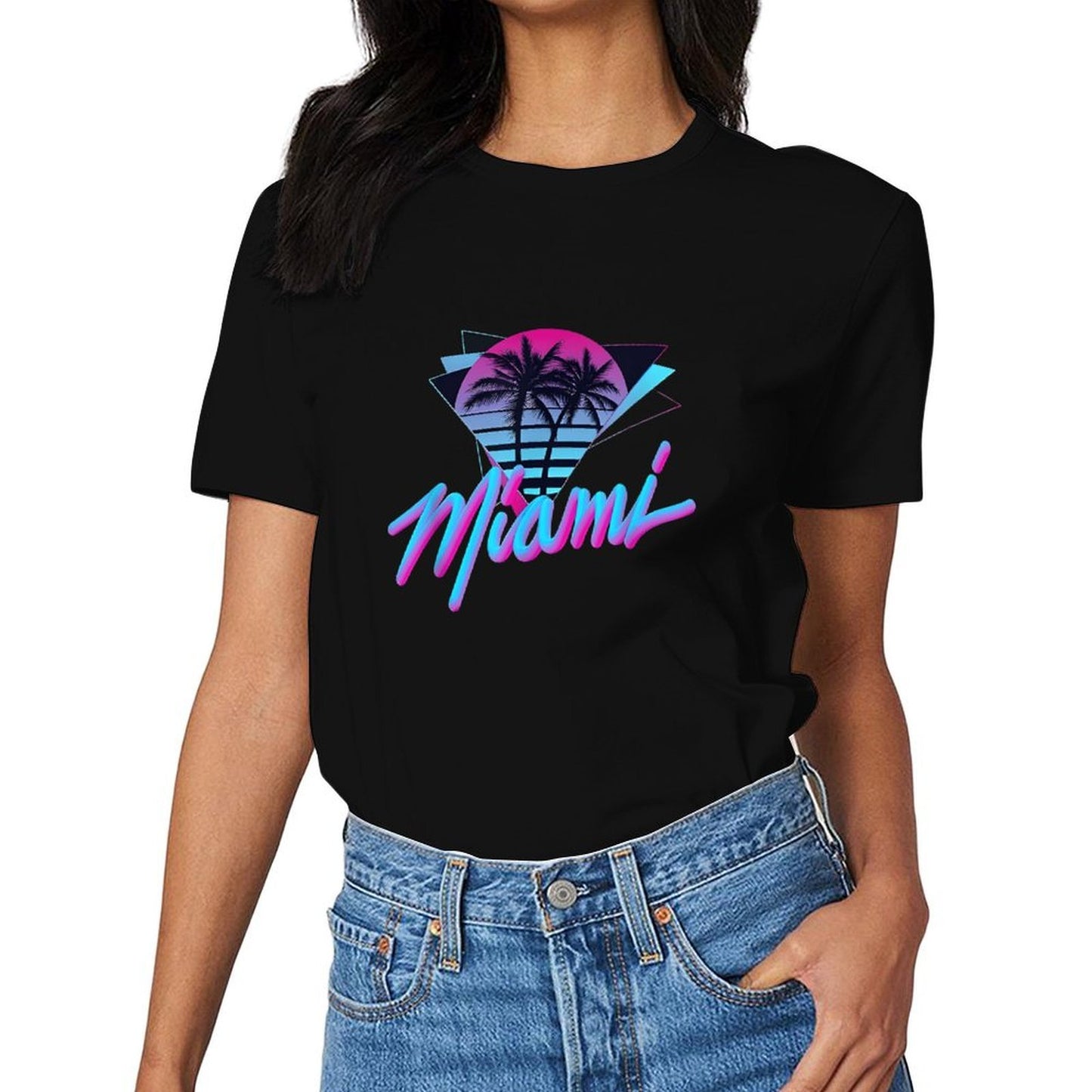 Inkmay Casual Cotton T-shirt Miami Sunset Palm Trees Art Print Unisex T-shirtSmooth Feel TrueFit T-Shirt