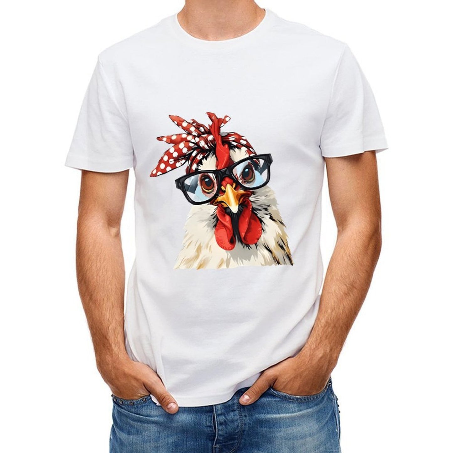 Inkmay Casual Cotton T-shirt Stylish Chicken With Glasses And Bandana Unisex T-shirt