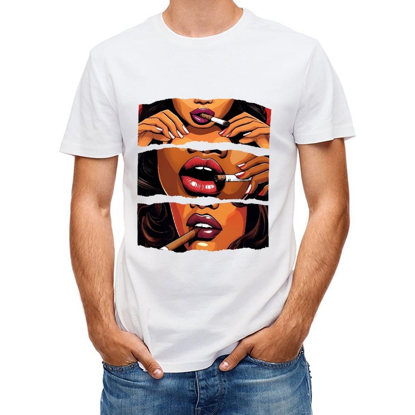 Inkmay Casual Cotton T-shirt Smoking Woman Artistic Pattern Prints Design Unisex T-shirtRecycled Natural T-Shirt