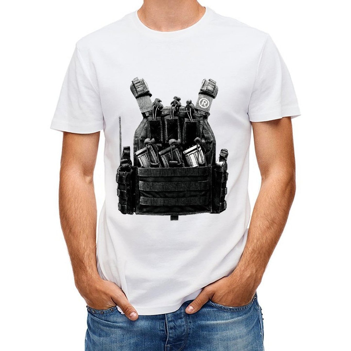 Inkmay Casual Cotton T-shirt Tactical Vest With Various Pouches Attached Unisex T-shirtSolid Sleek T-Shirt