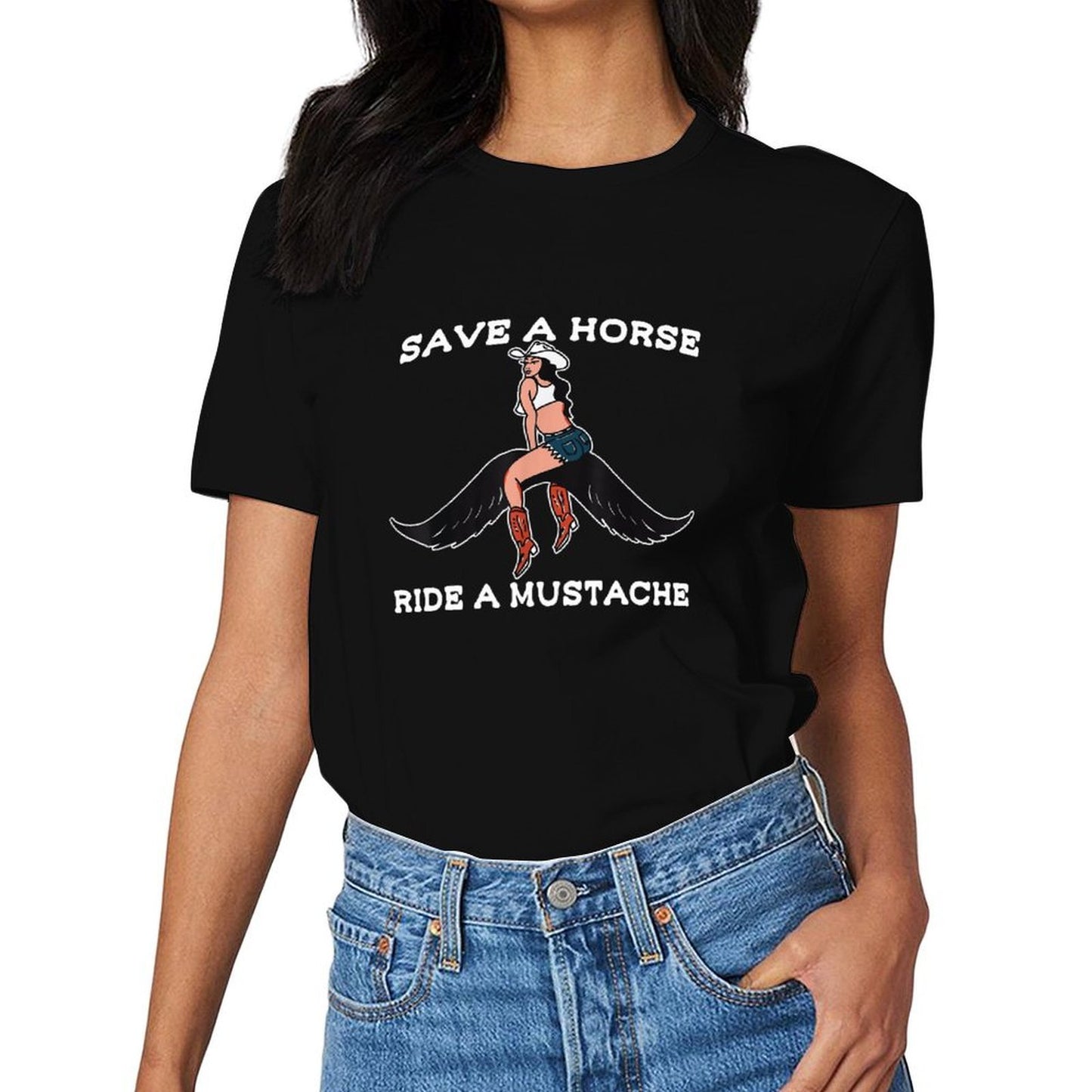 Inkmay Casual Cotton T-shirt Cowgirl Riding Pegasus With Mustache Pattern Unisex T-shirtSport SmoothWear T-Shirt