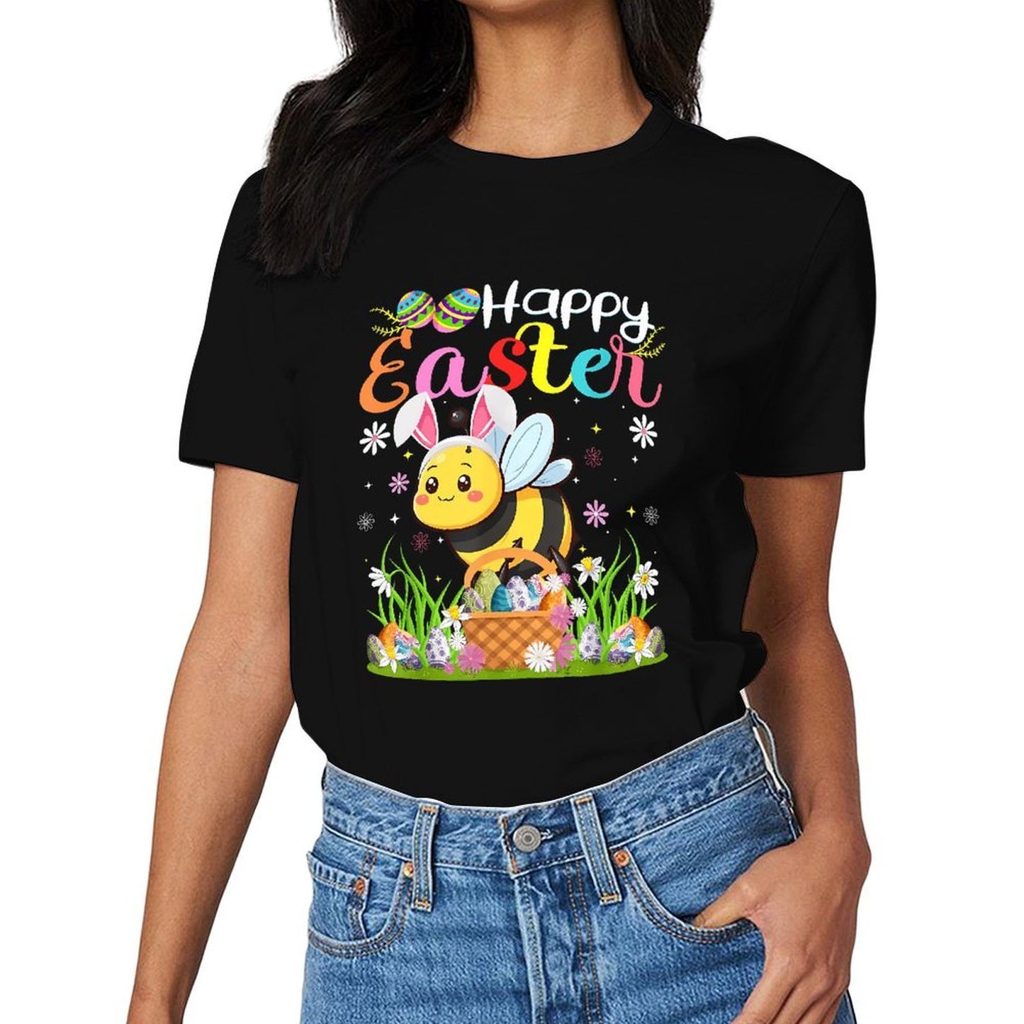 Inkmay Casual Cotton T-shirt Happy Easter Bee With Eggs Unisex T-shirtPure Classic Fit T-Shirt