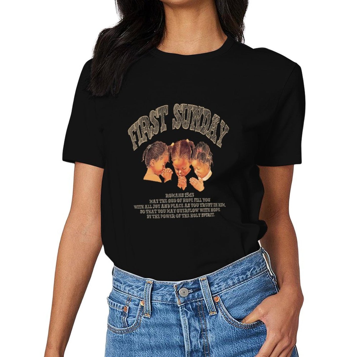Inkmay Casual Cotton T-shirt First Sunday Children Praying Together Joyfully Unisex T-shirtCityStyle Moisture-Wicking T-Shirt