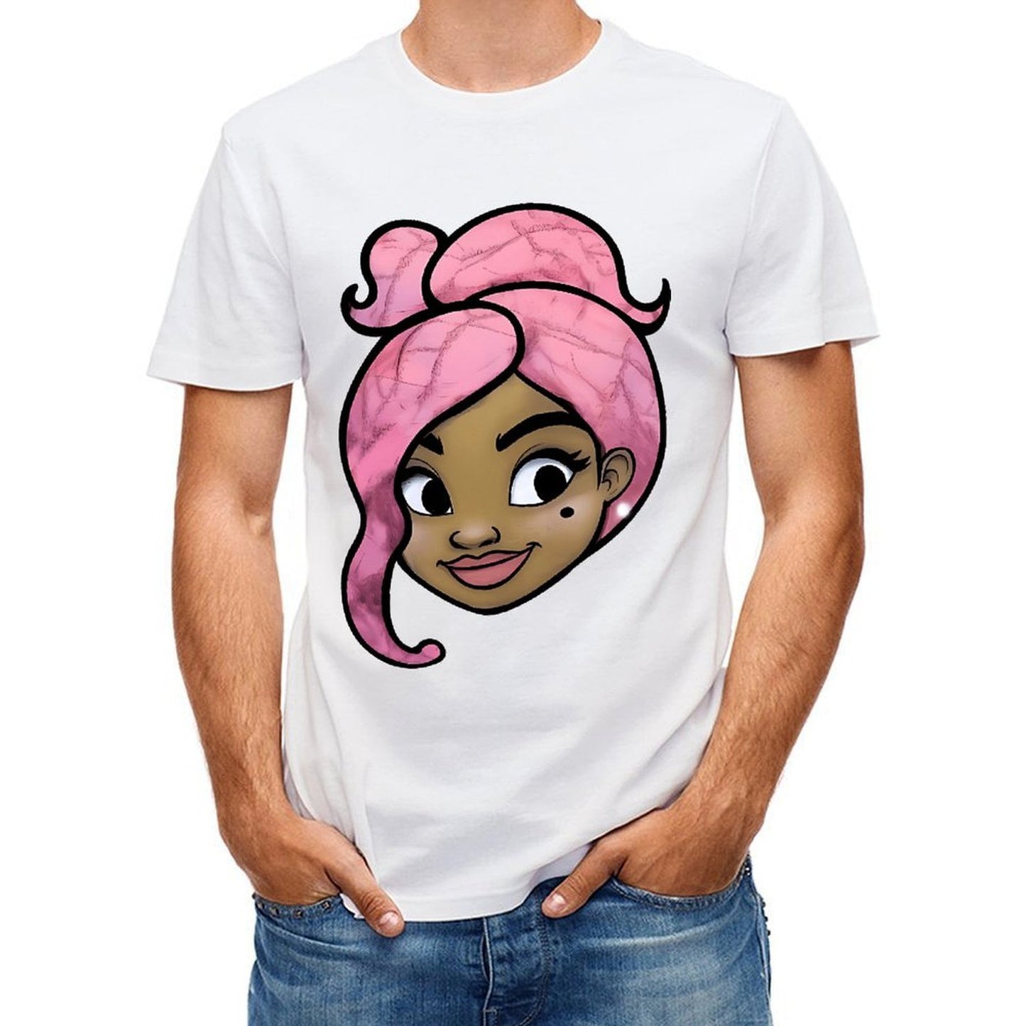 Inkmay Casual Cotton T-shirt Pink Hair With Swirls And Highlights Unisex T-shirtDaily ClassicSeries T-Shirt