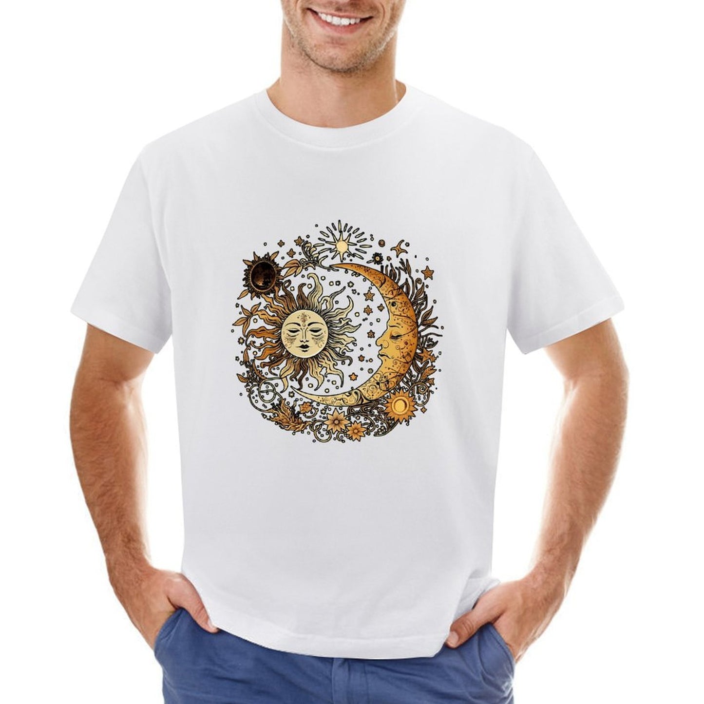 Inkmay Casual Cotton T-shirt Celestial Sun Moon Stars Art Print Unisex T-shirt