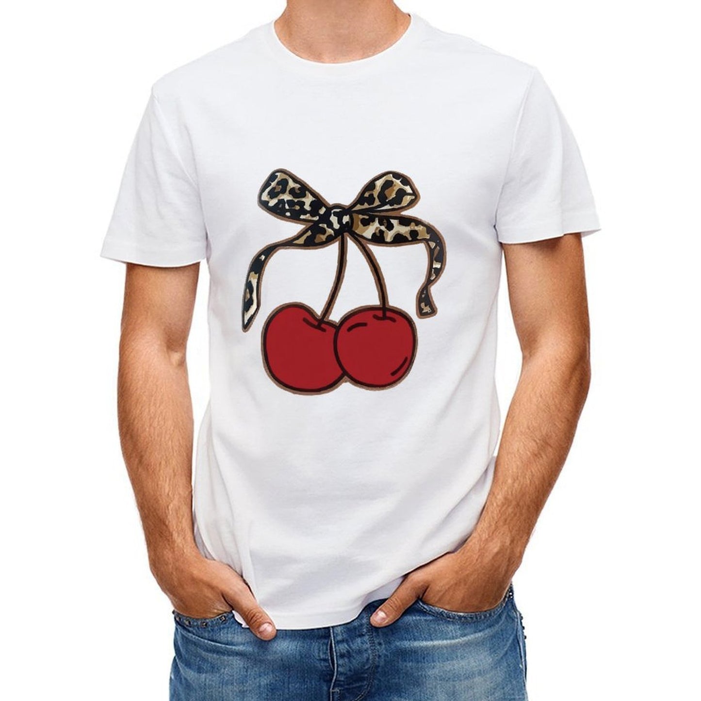 Inkmay Casual Cotton T-shirt Cherry Print With Leopard Pattern Design Unisex T-shirtYearRound Basic T-Shirt