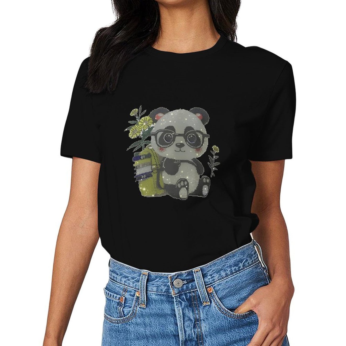 Inkmay Casual Cotton T-shirt Adorable Panda With Glasses And Books Unisex T-shirt