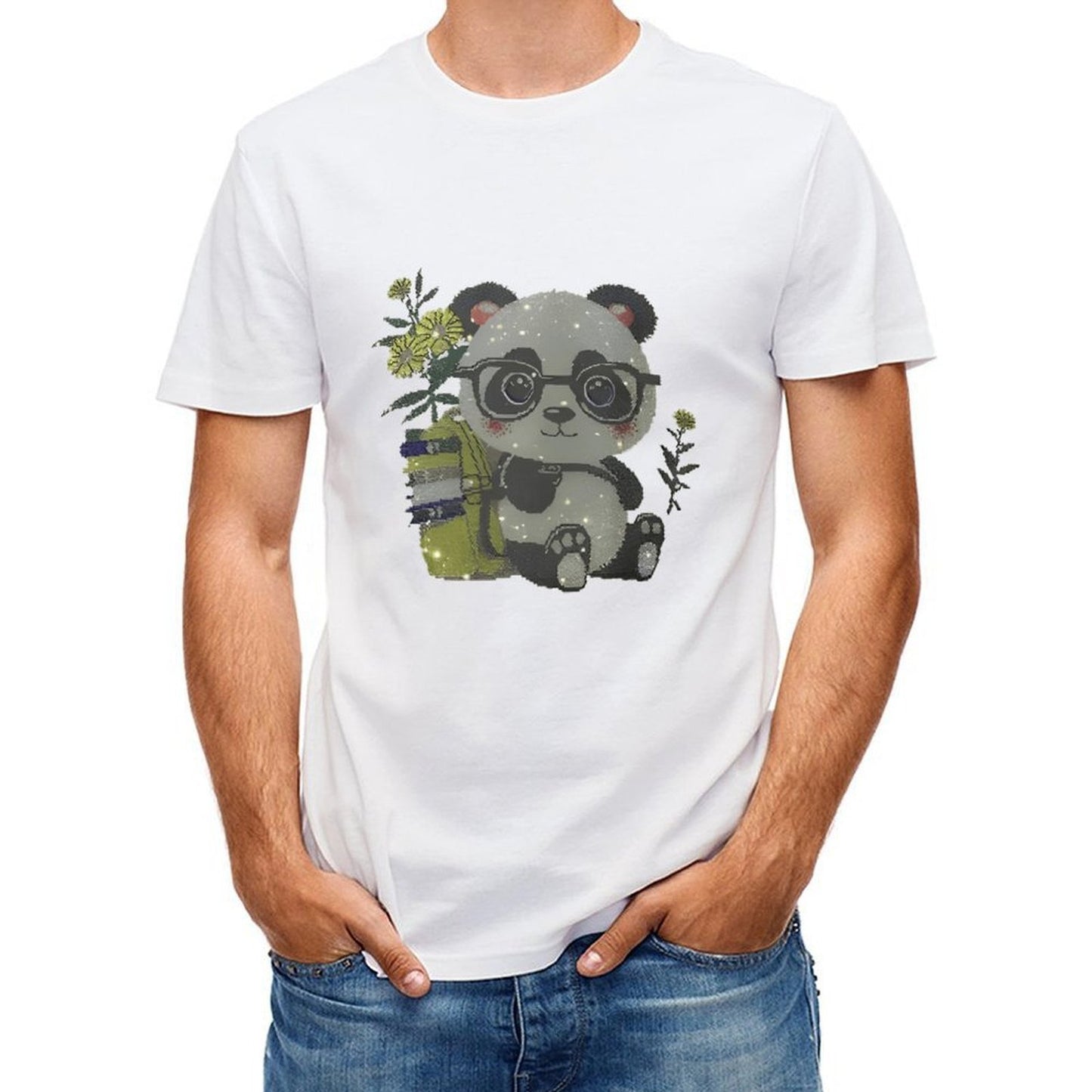 Inkmay Casual Cotton T-shirt Adorable Panda With Glasses And Books Unisex T-shirt