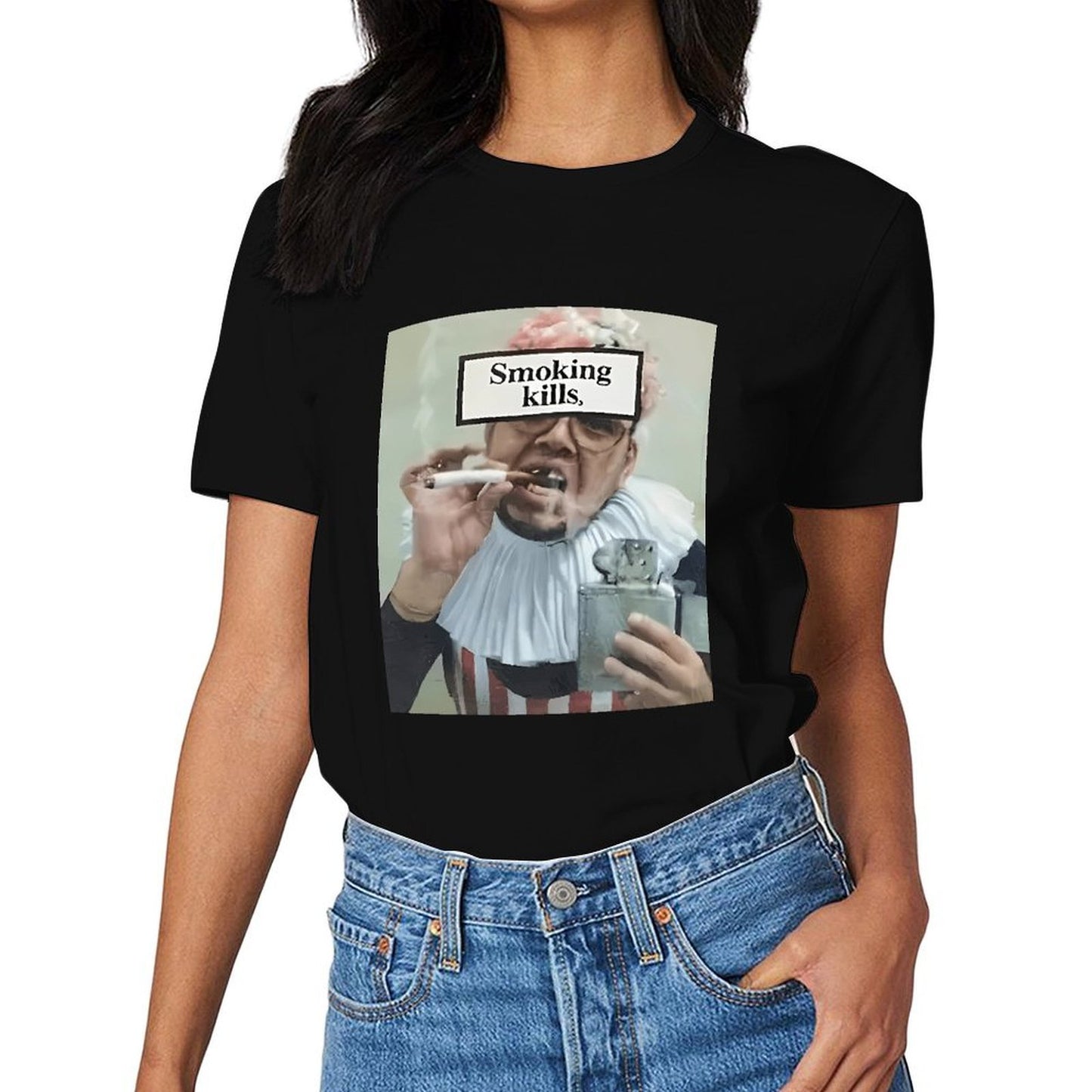 Inkmay Casual Cotton T-shirt Man Smoking Cigarette With Warning Label Unisex T-shirtNatural Tear-Resistant T-Shirt
