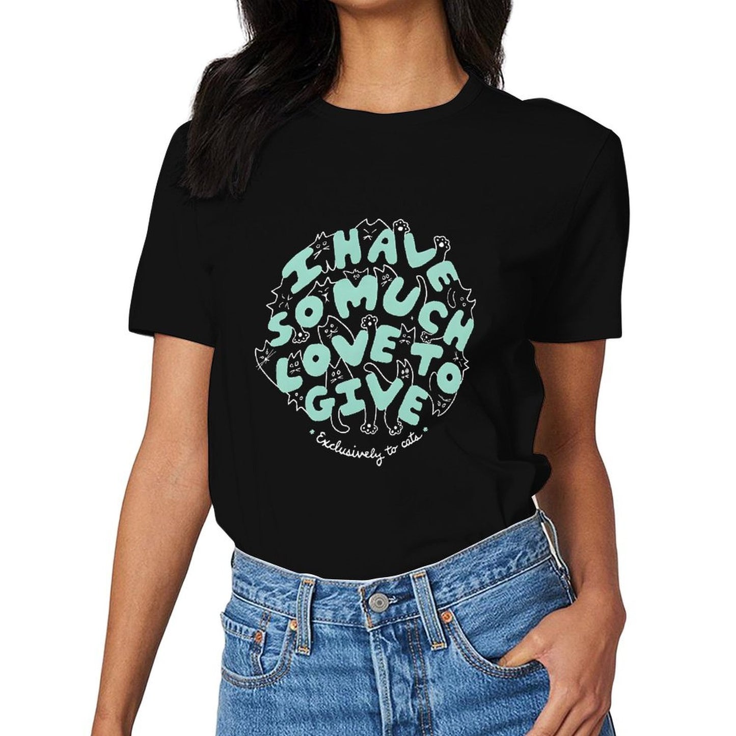 Inkmay Casual Cotton T-shirt Cats Pattern With Love Text Design Unisex T-shirtClean Classic Fit T-Shirt