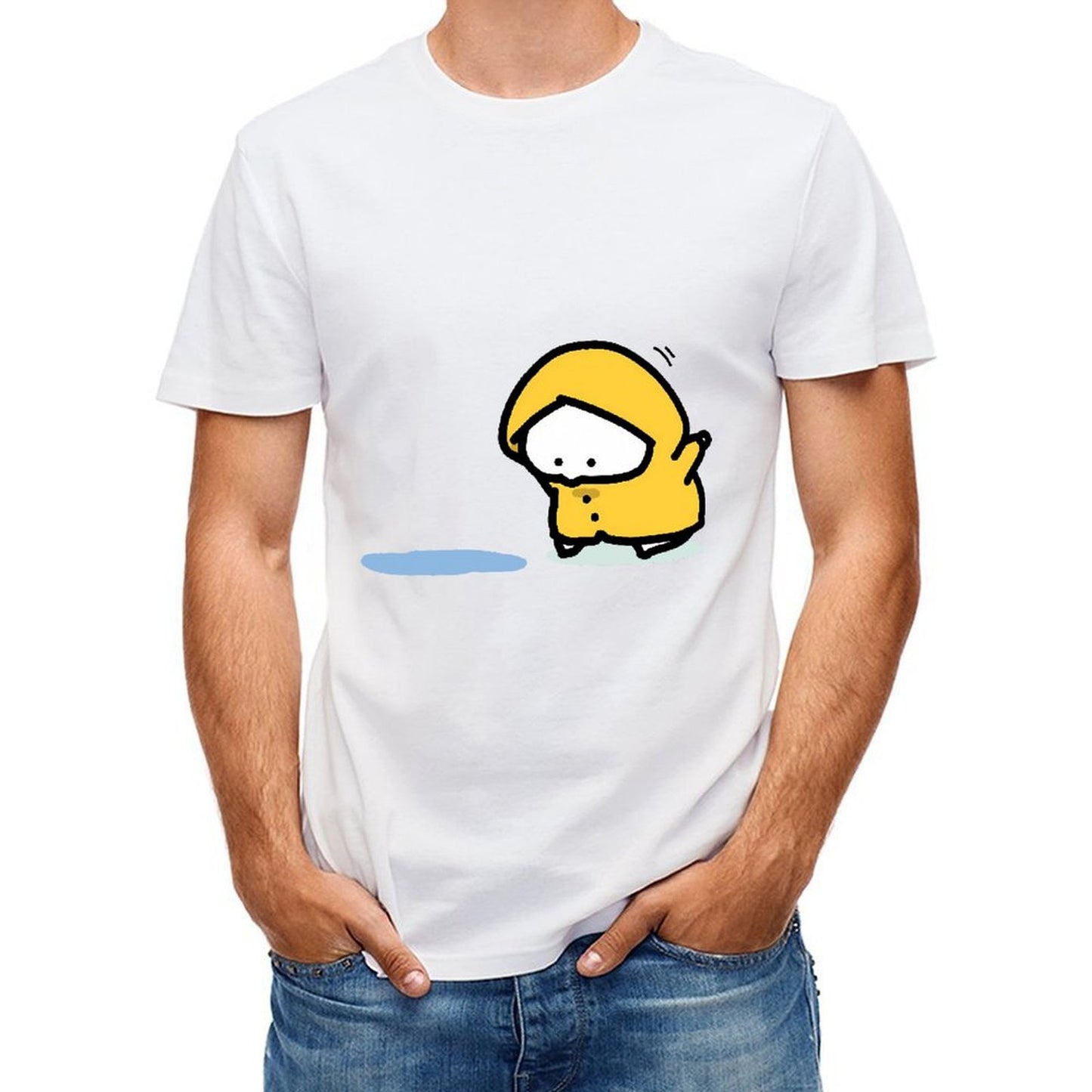 Inkmay Casual Cotton T-shirt Yellow Duck Wearing Raincoat On Black Unisex T-shirtRegular Pure T-Shirt