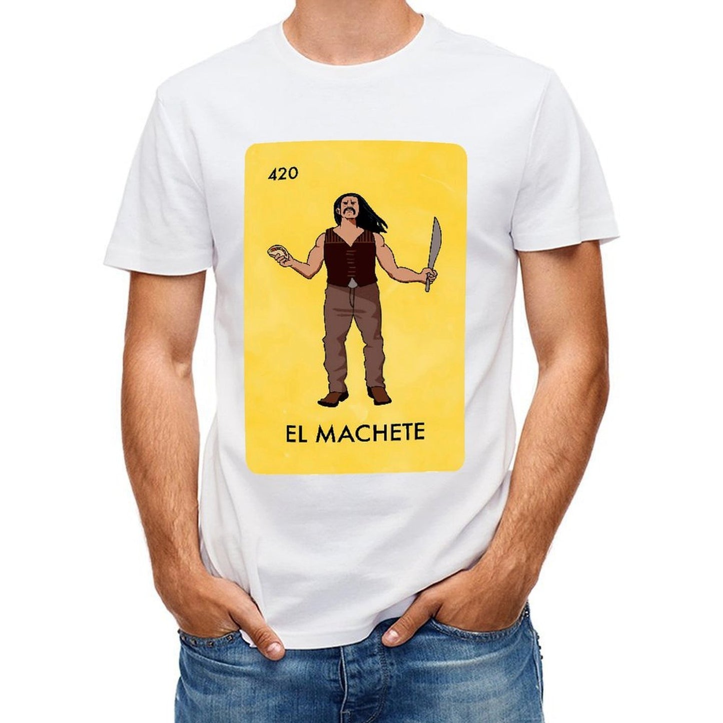 Inkmay Casual Cotton T-shirt Man Holding Machete In Yellow Background Unisex T-shirtUltra Durable Strong T-Shirt