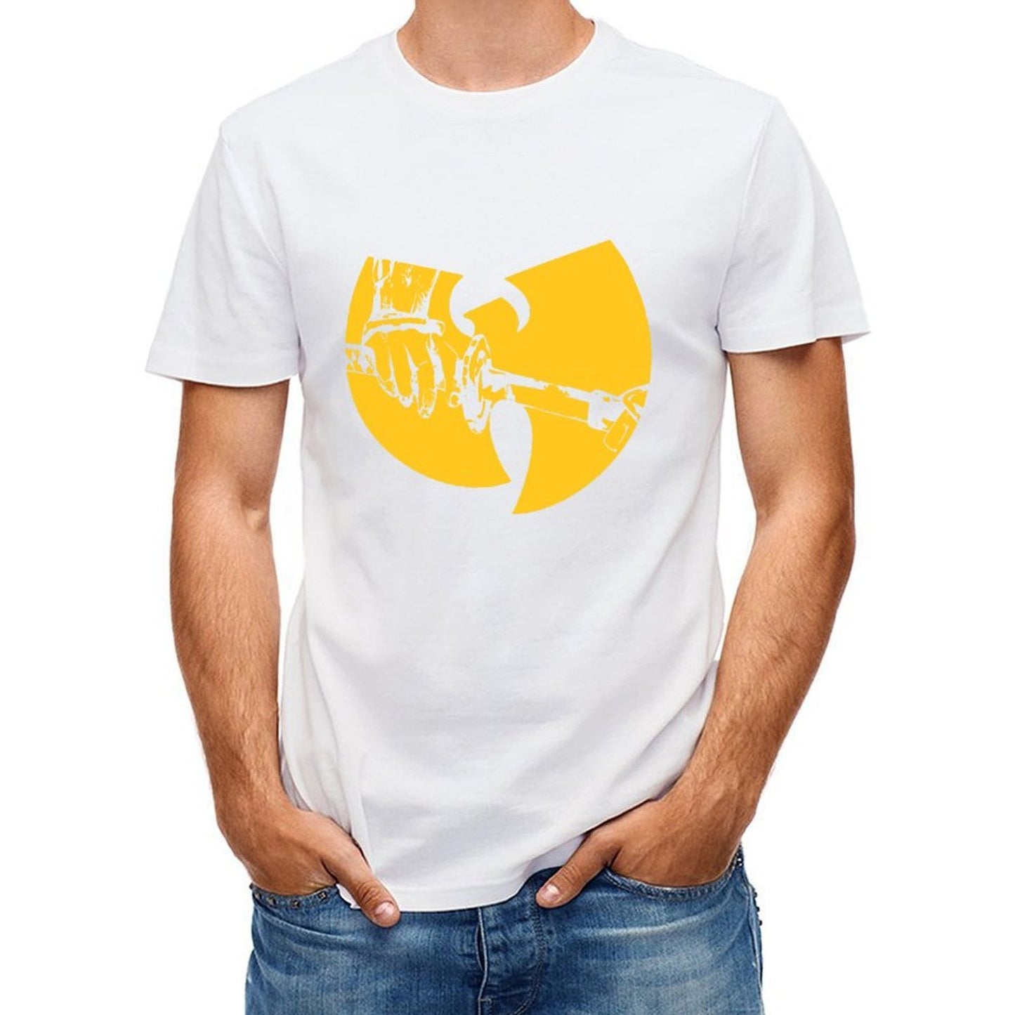 Inkmay Casual Cotton T-shirt Solid Yellow Background With White Lines Unisex T-shirtHeavyweight Heat-Transfer T-Shirt