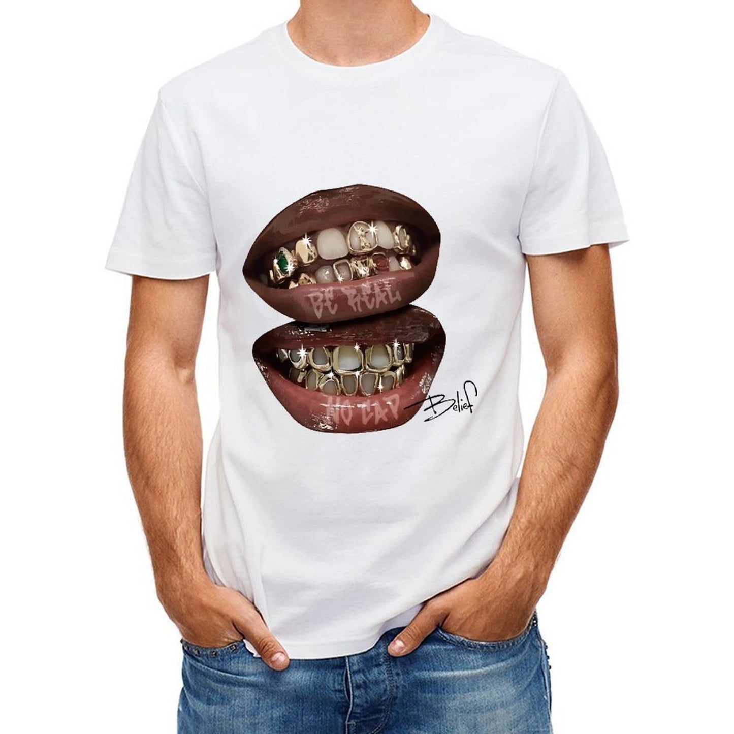 Inkmay Casual Cotton T-shirt Golden Teeth With Shiny Gems Embedded Unisex T-shirtLightweight Chill T-Shirt