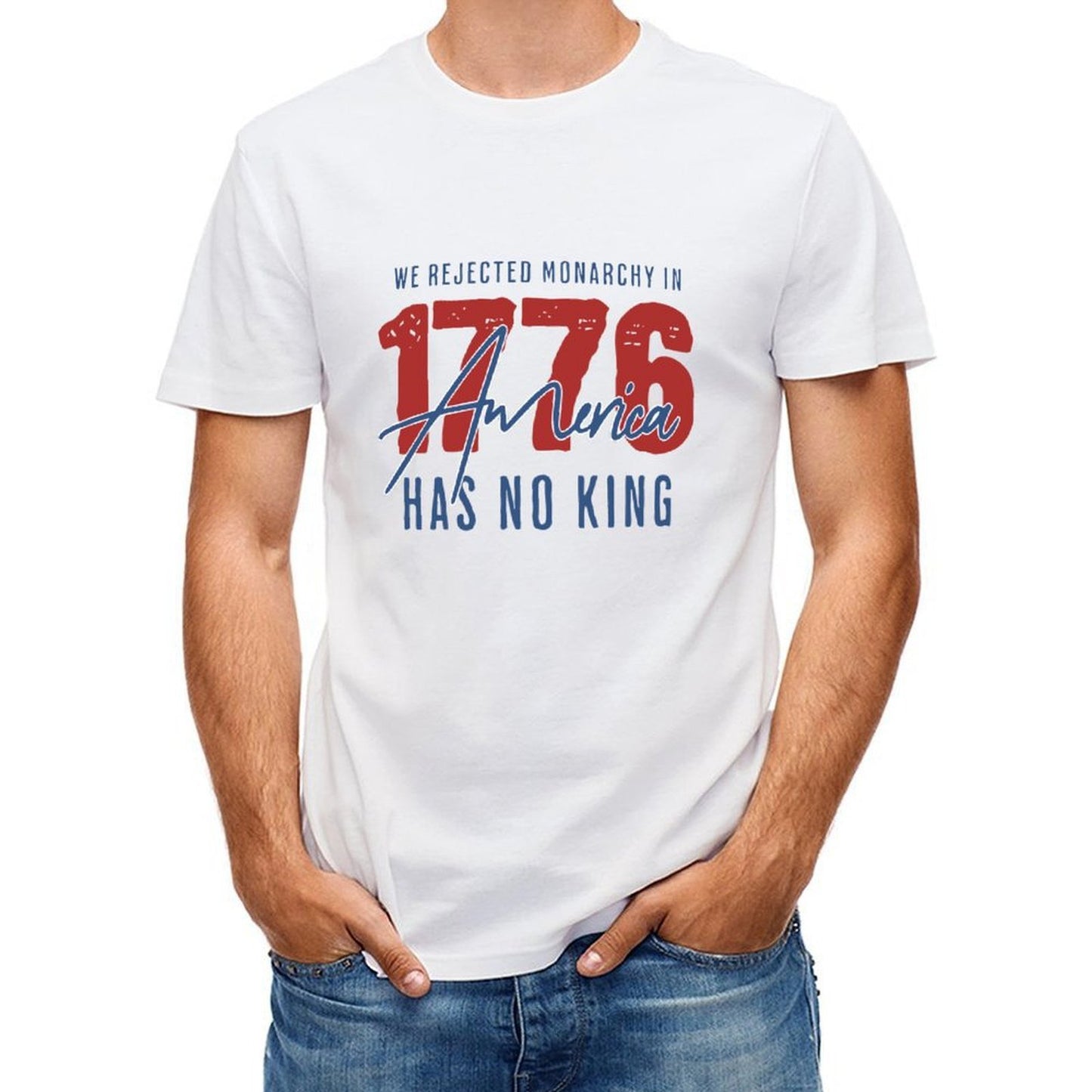Inkmay Casual Cotton T-shirt America Flag Pattern With Blue Red Unisex T-shirtSoft-Touch Colorfast T-Shirt