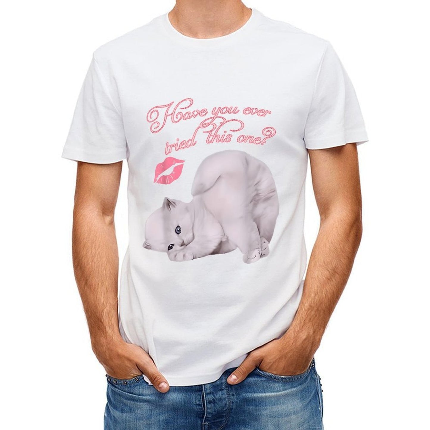 Inkmay Casual Cotton T-shirt Cute Cat With Kiss Mark Unisex T-shirtRelaxed Long Lasting T-Shirt
