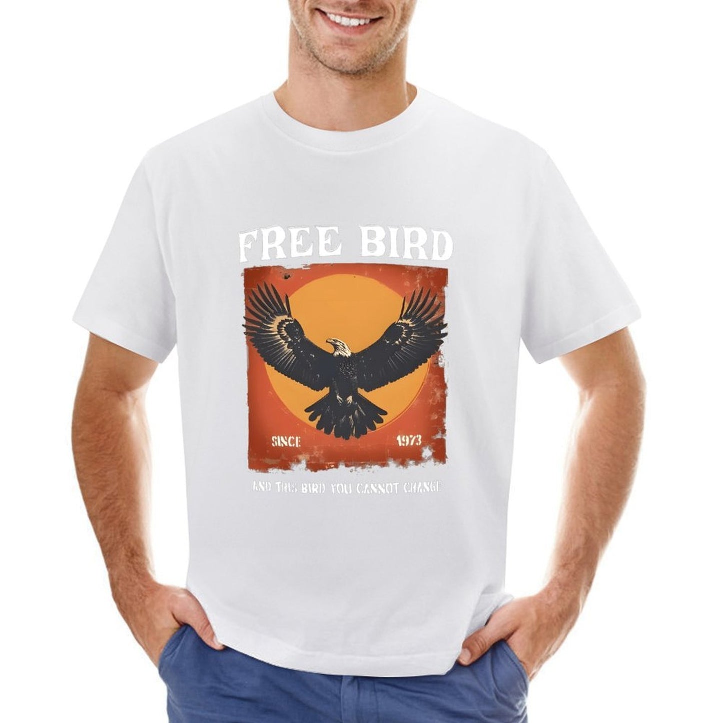 Inkmay Casual Cotton T-shirt Eagle Soaring Against Orange Sky Background Unisex T-shirtSoftTouch PureStyle T-Shirt