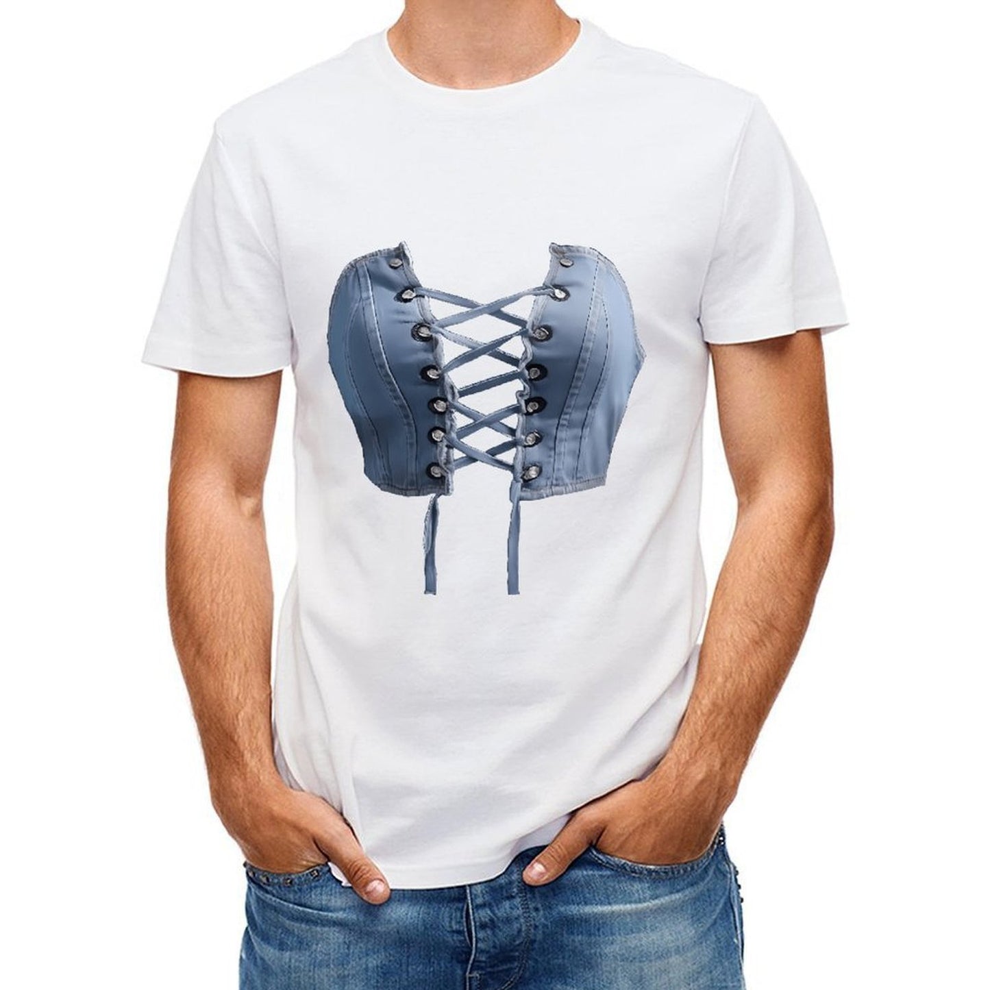 Inkmay Casual Cotton T-shirt Blue Satin Corset With Laceups Unisex T-shirtSimple Heavyweight T-Shirt