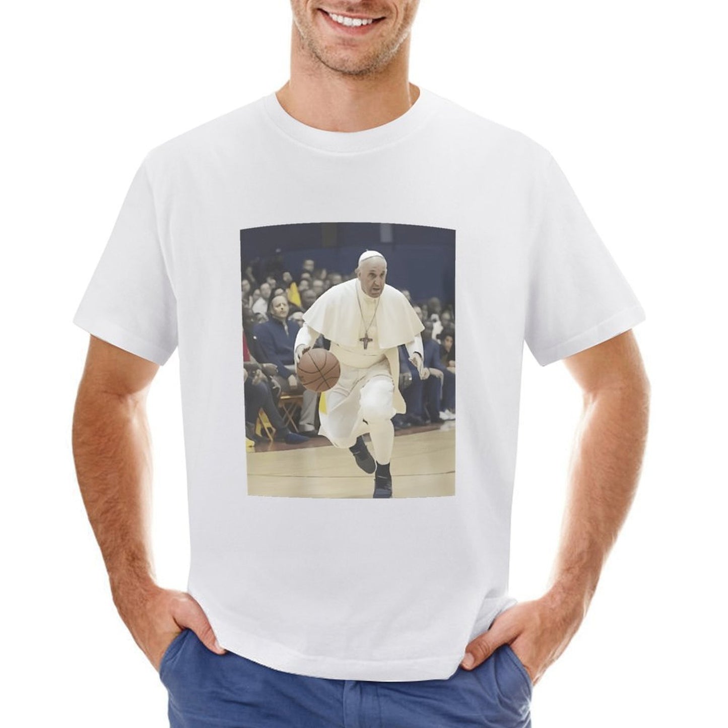 Inkmay Casual Cotton T-shirt Pope Playing Basketball In White Robes Unisex T-shirt