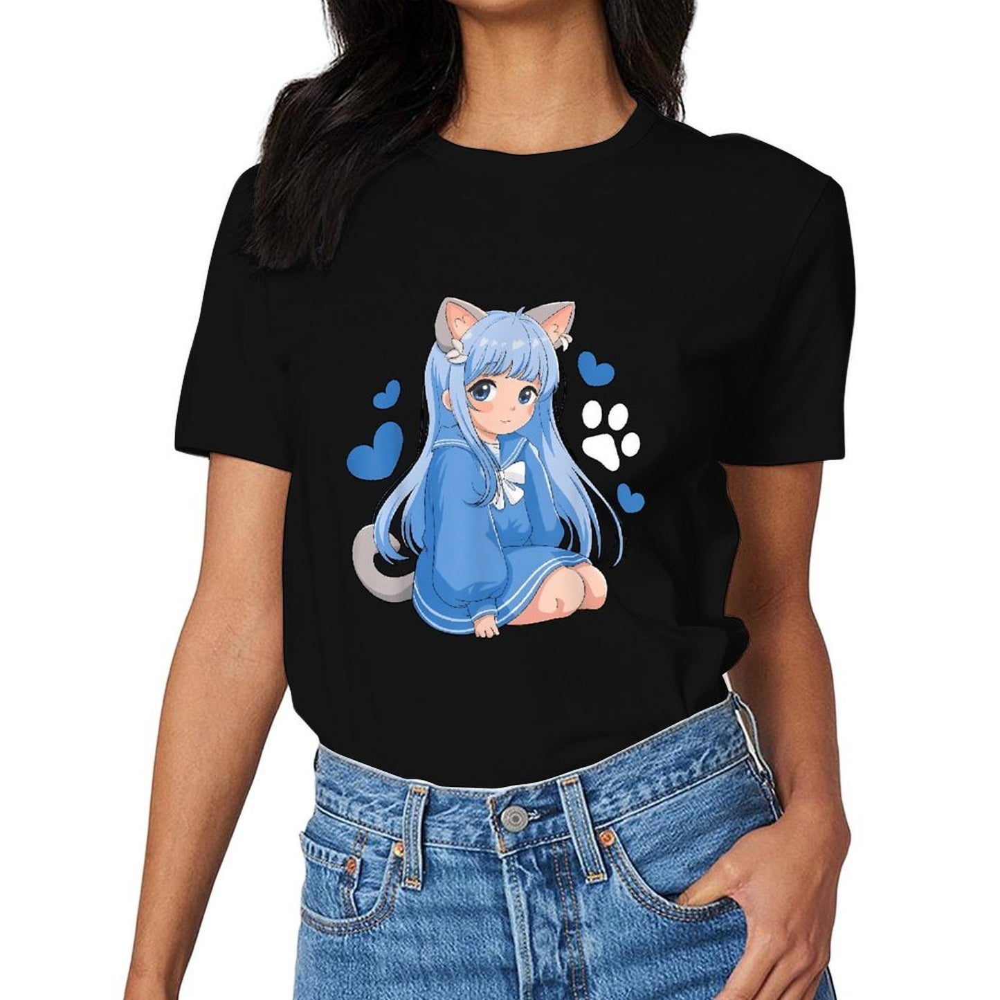 Inkmay Casual Cotton T-shirt Blue Cat Girl With Hearts Unisex T-shirtEdition EverydaySeries T-Shirt