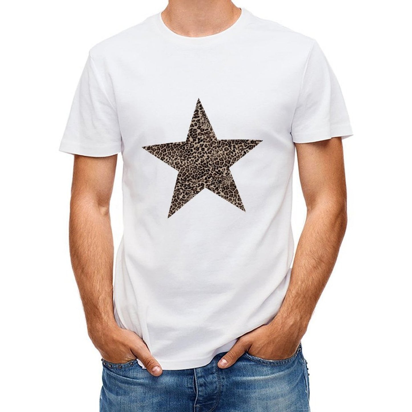 Inkmay Casual Cotton T-shirt Leopard Print Star On Striped Background Unisex T-shirtSmooth Feel Plain T-Shirt