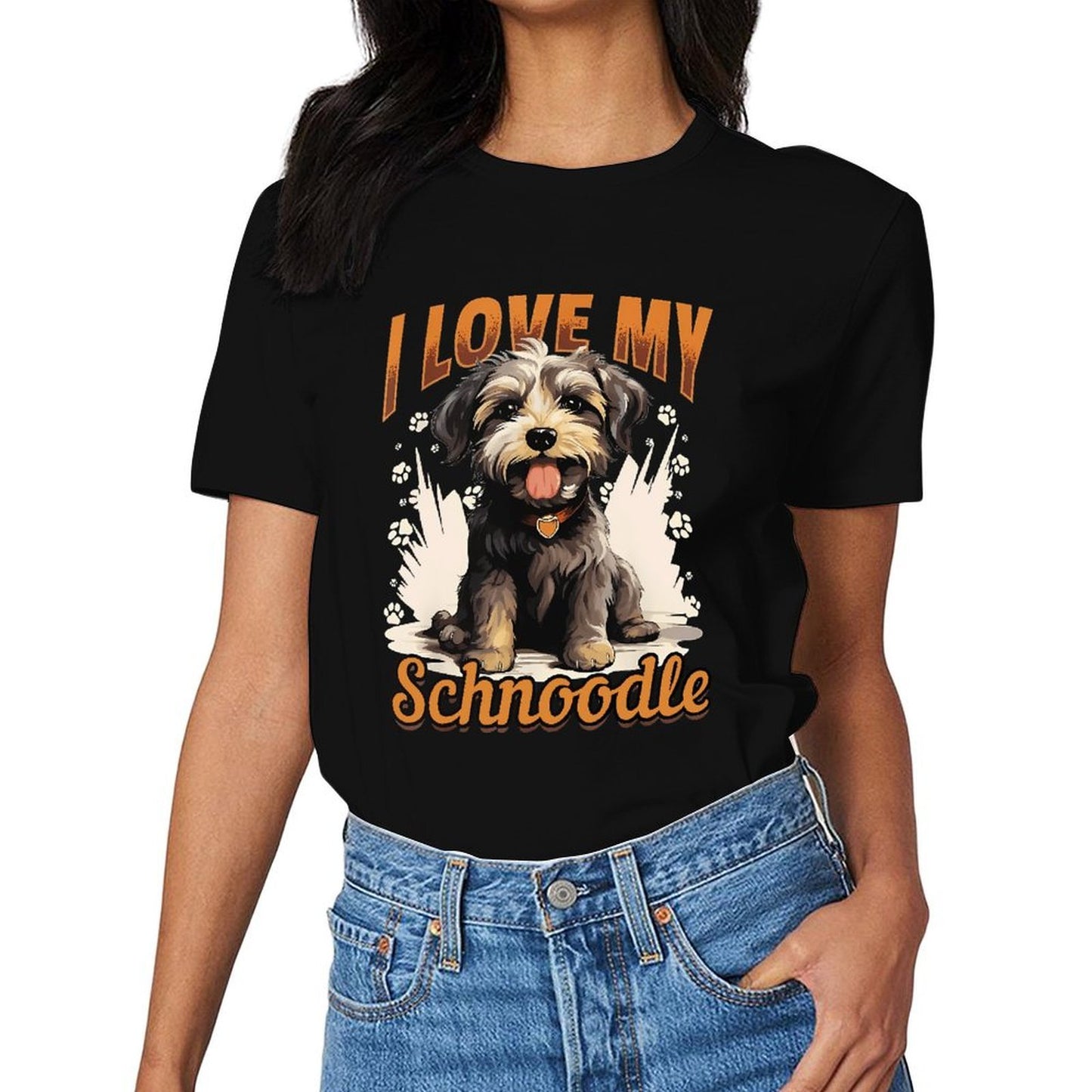 inkmay-casual-cotton-t-shirt-cute-schnoodle-with-paw-prints-design-unisex-t-shirt