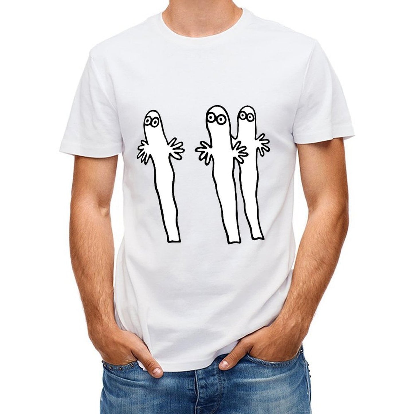 Inkmay Casual Cotton T-shirt Three Cartoon Characters With Hands Raised Unisex T-shirtSleek Outdoor T-Shirt