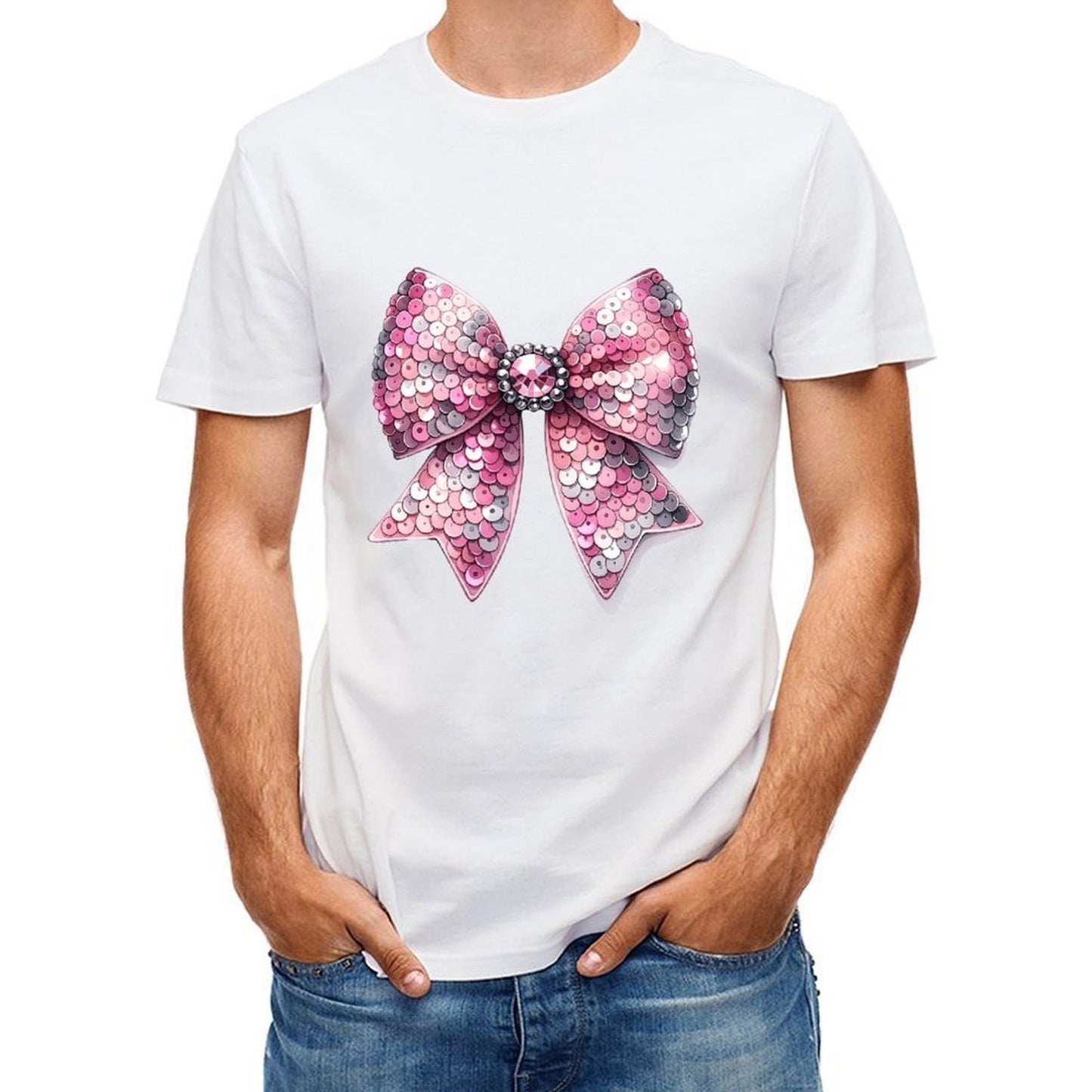 Inkmay Casual Cotton T-shirt Shiny Pink Sequin Bow Design Unisex T-shirtLogo-Ready LooseFit T-Shirt