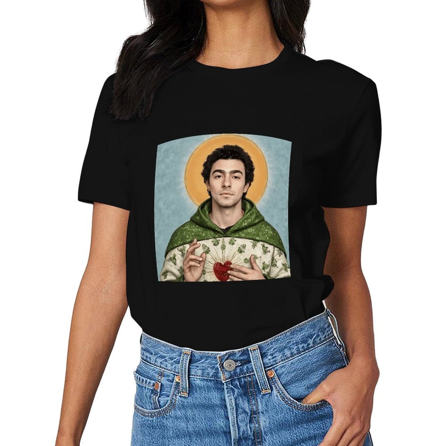 Inkmay Casual Cotton T-shirt Green Robe With Floral Pattern Print Unisex T-shirtRelaxed Fit Pure T-Shirt