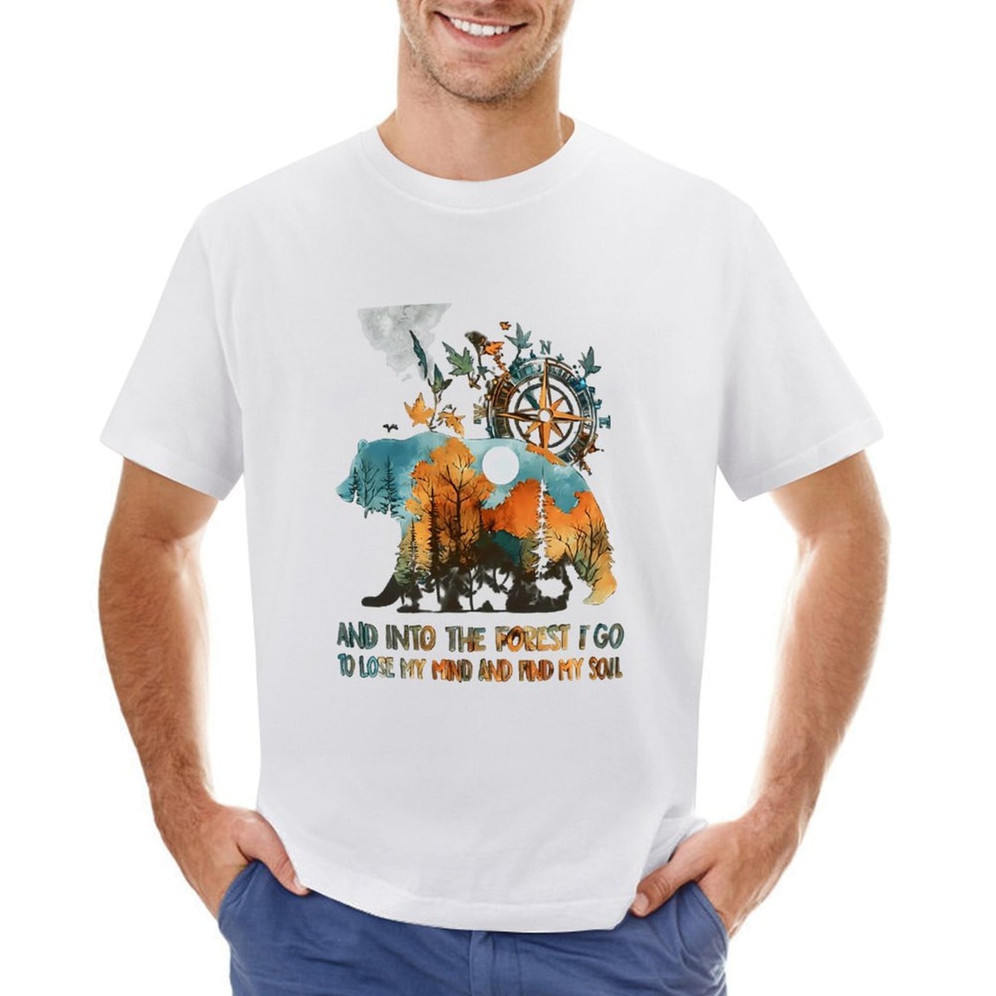 Inkmay Casual Cotton T-shirt Bear Forest Compass Nature Artwork Design Unisex T-shirtTimelessStyle Long Lasting T-Shirt