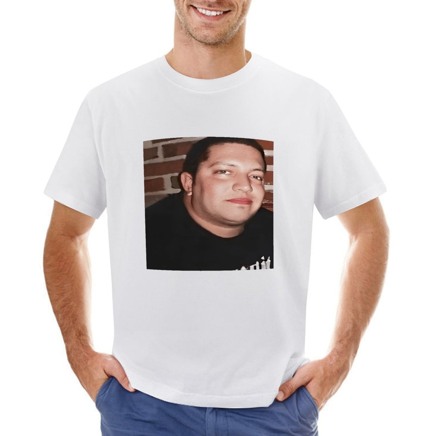 Inkmay Casual Cotton T-shirt Man Wears Black Shirt Against Brick Unisex T-shirtFresh On-Demand T-Shirt