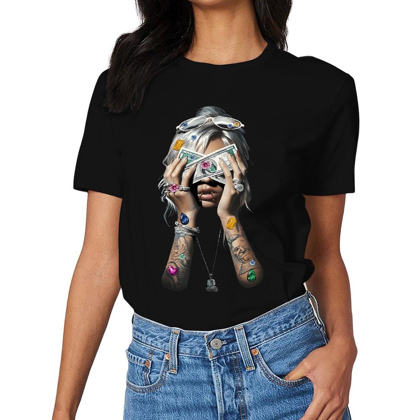 Inkmay Casual Cotton T-shirt Luxury Woman Holding Money With Gems Unisex T-shirtOriginal Chill T-Shirt
