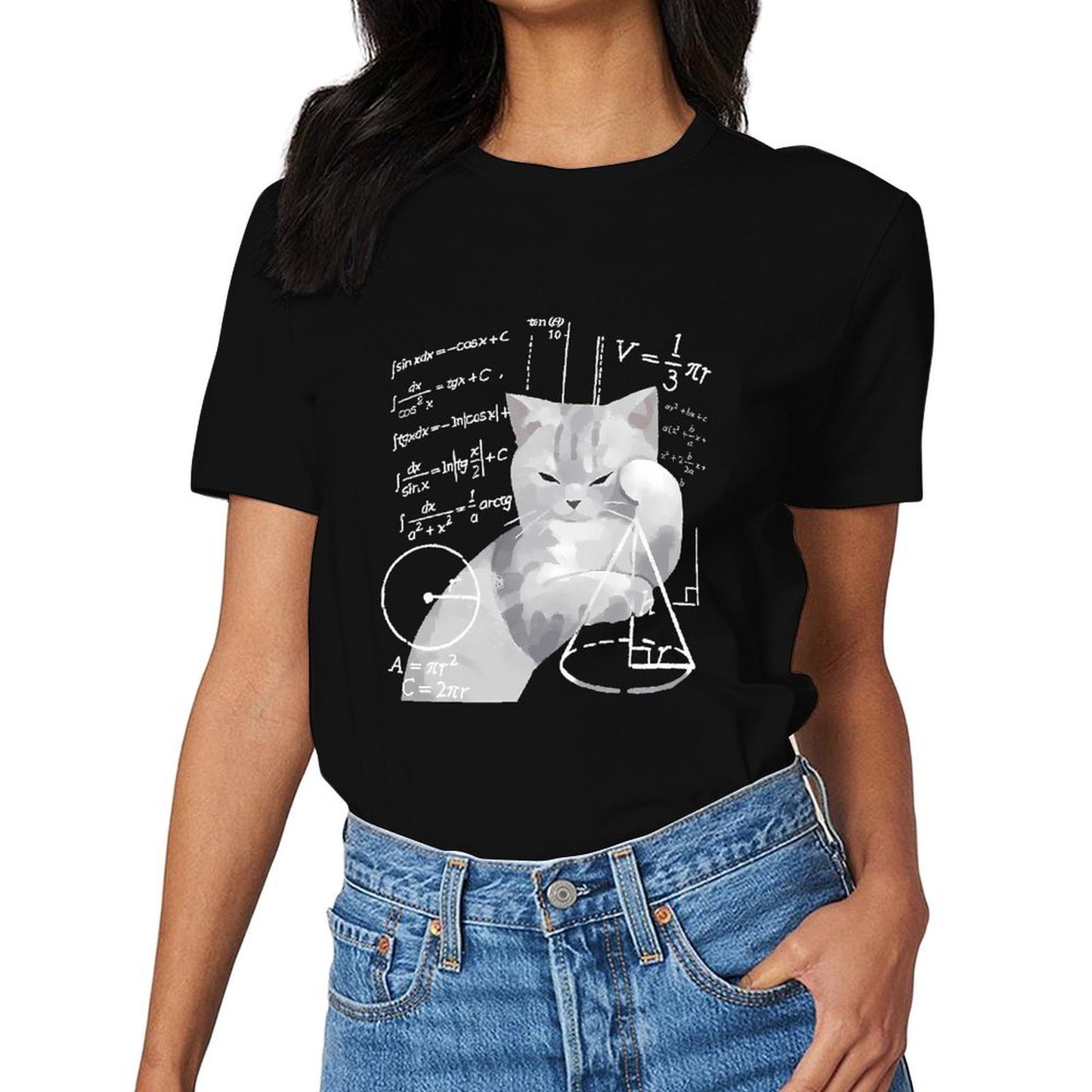 Inkmay Casual Cotton T-shirt Mathematical Cat With Geometric Shapes Unisex T-shirtAllSeason Comfort T-Shirt