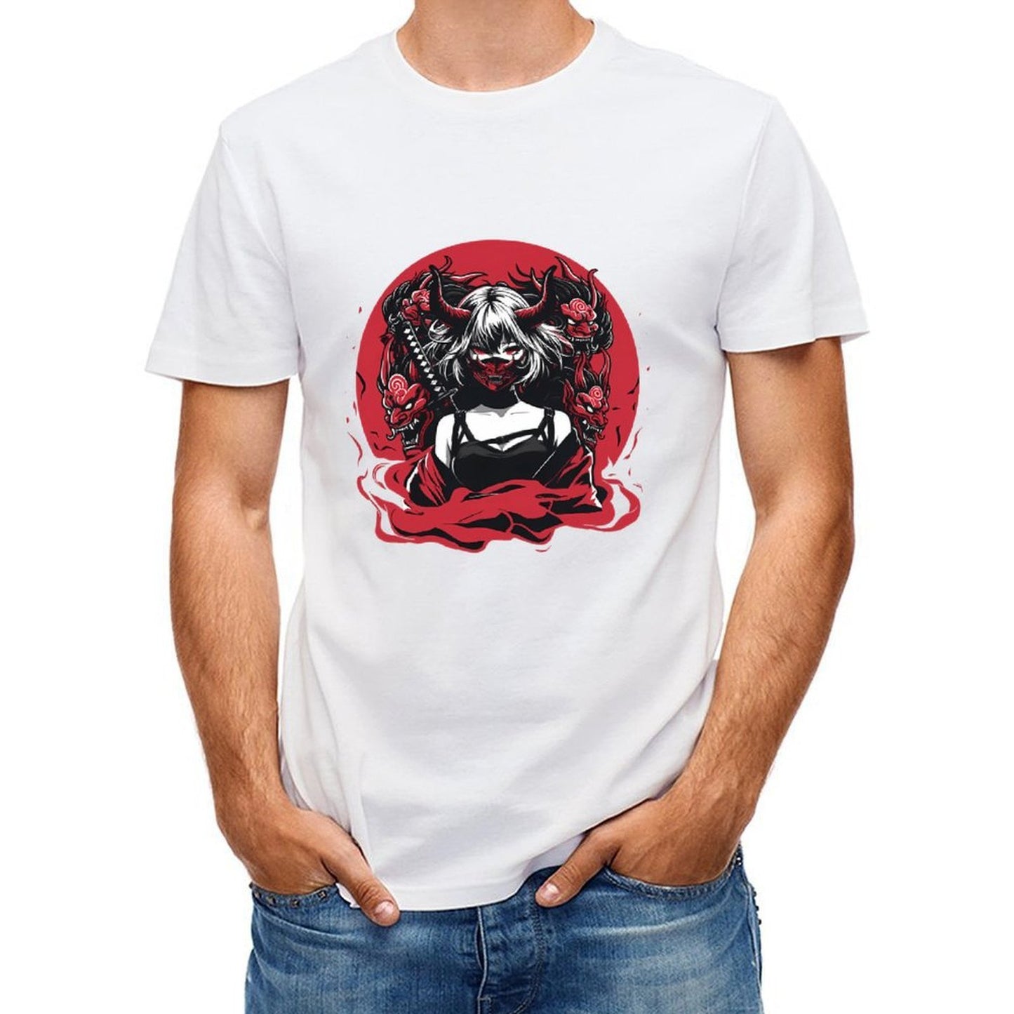 Inkmay Casual Cotton T-shirt Demon Woman With Red Dragons Unisex T-shirtSmooth Classic T-Shirt