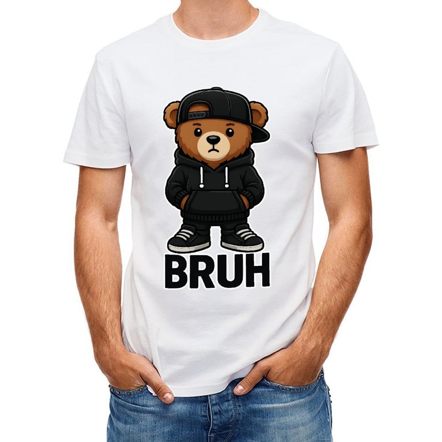 Inkmay Casual Cotton T-shirt Bruh Bear Wearing Black Streetwear Unisex T-shirtBatch-Printed ClassicLine T-Shirt