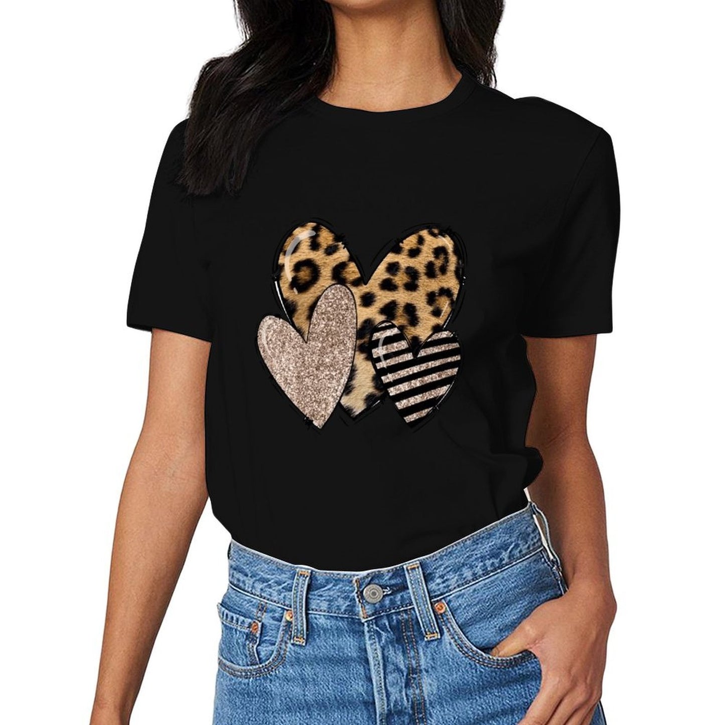 Inkmay Casual Cotton T-shirt Heart Shapes With Leopard And Glitter Unisex T-shirtSmooth Feel SimpleFit T-Shirt