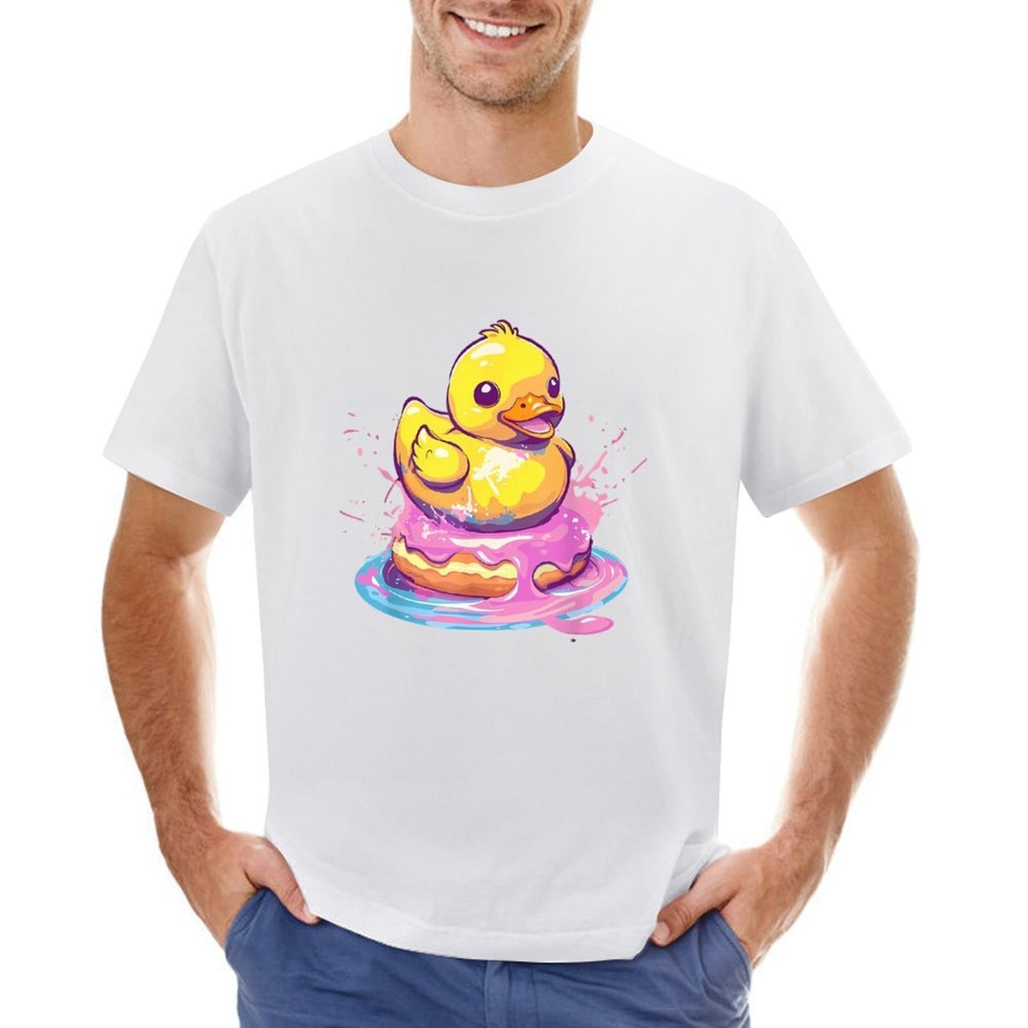 Inkmay Casual Cotton T-shirt Bright Yellow Duck Splashing In Water Unisex T-shirt