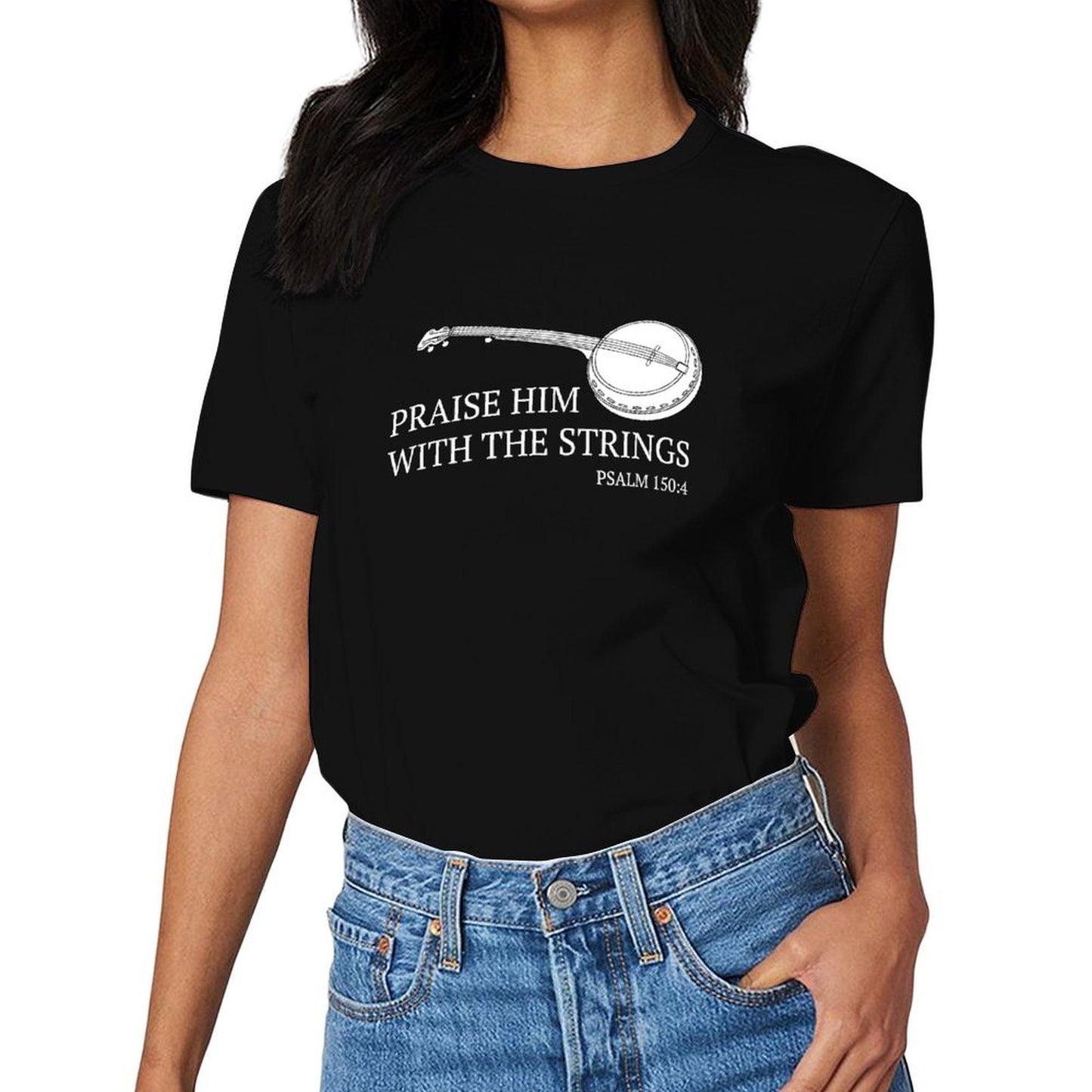 Inkmay Casual Cotton T-shirt Banjo With Musical Notes Pattern Unisex T-shirtLightweight Basic T-Shirt
