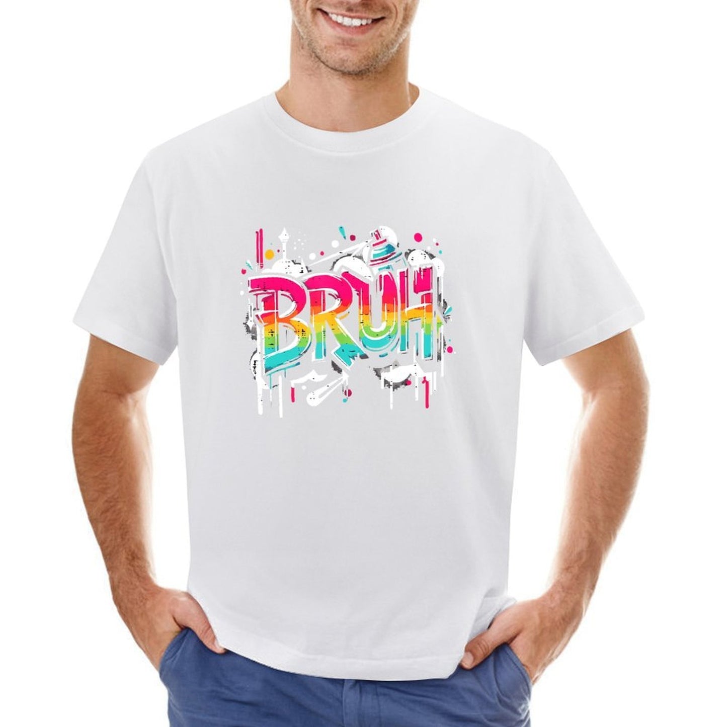 Inkmay Casual Cotton T-shirt Colorful Graffiti Style Bruh Text Art Unisex T-shirtPrint-Ready Relaxed T-Shirt