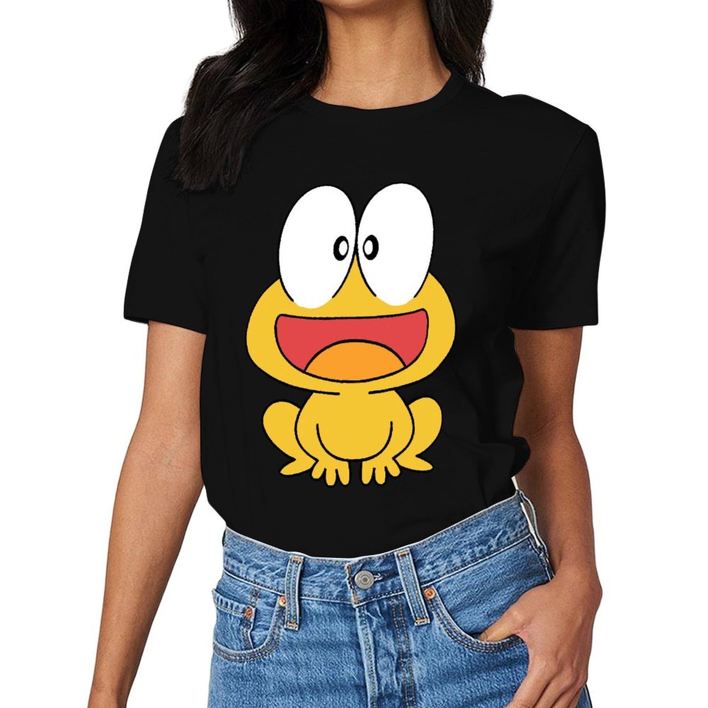 Inkmay Casual Cotton T-shirt Cute Yellow Frog With Big Eyes Unisex T-shirtPocket Tee Soft-Touch T-Shirt