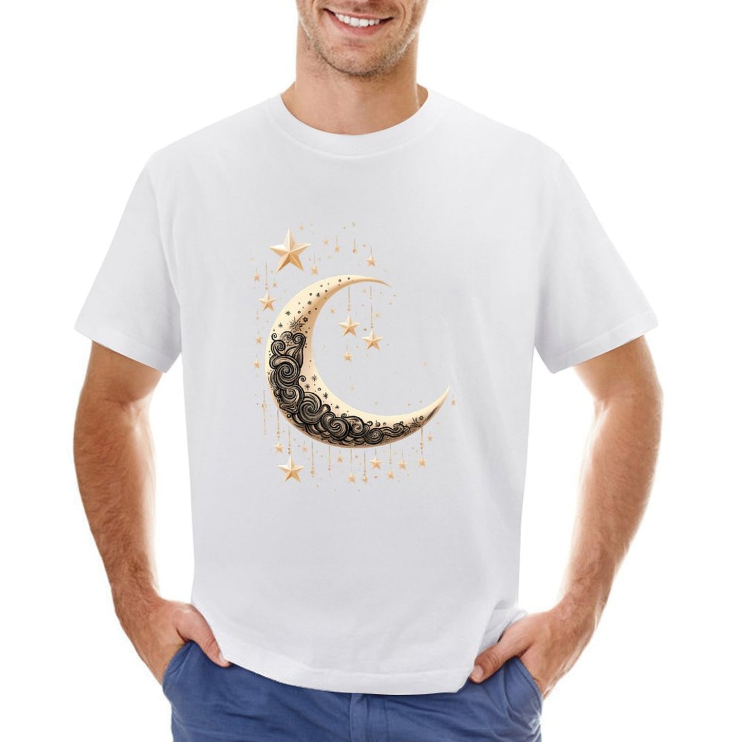 Inkmay Casual Cotton T-shirt Elegant Crescent Moon With Stars Design Unisex T-shirtCasual ActiveStyle T-Shirt