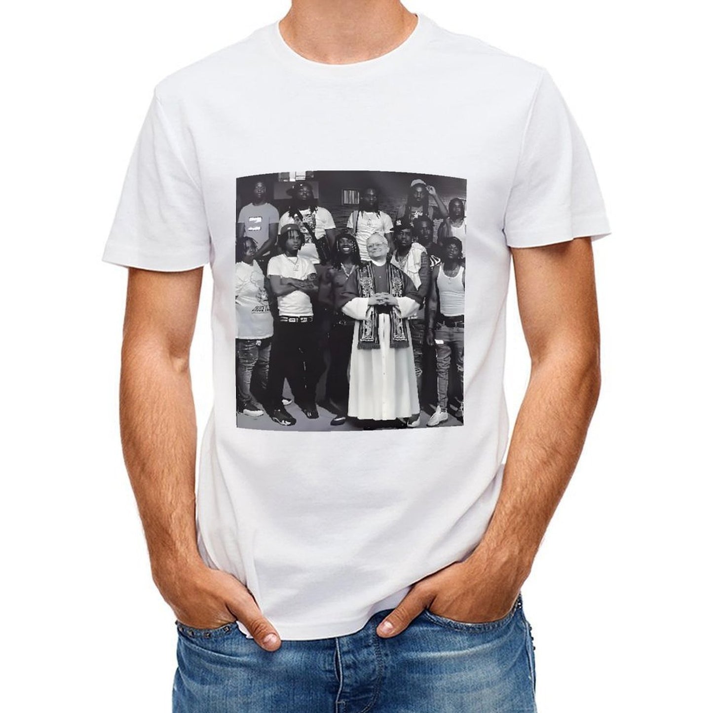 Inkmay Casual Cotton T-shirt Group Photo With Priest And Friends Unisex T-shirtComfortSeries Recycled T-Shirt
