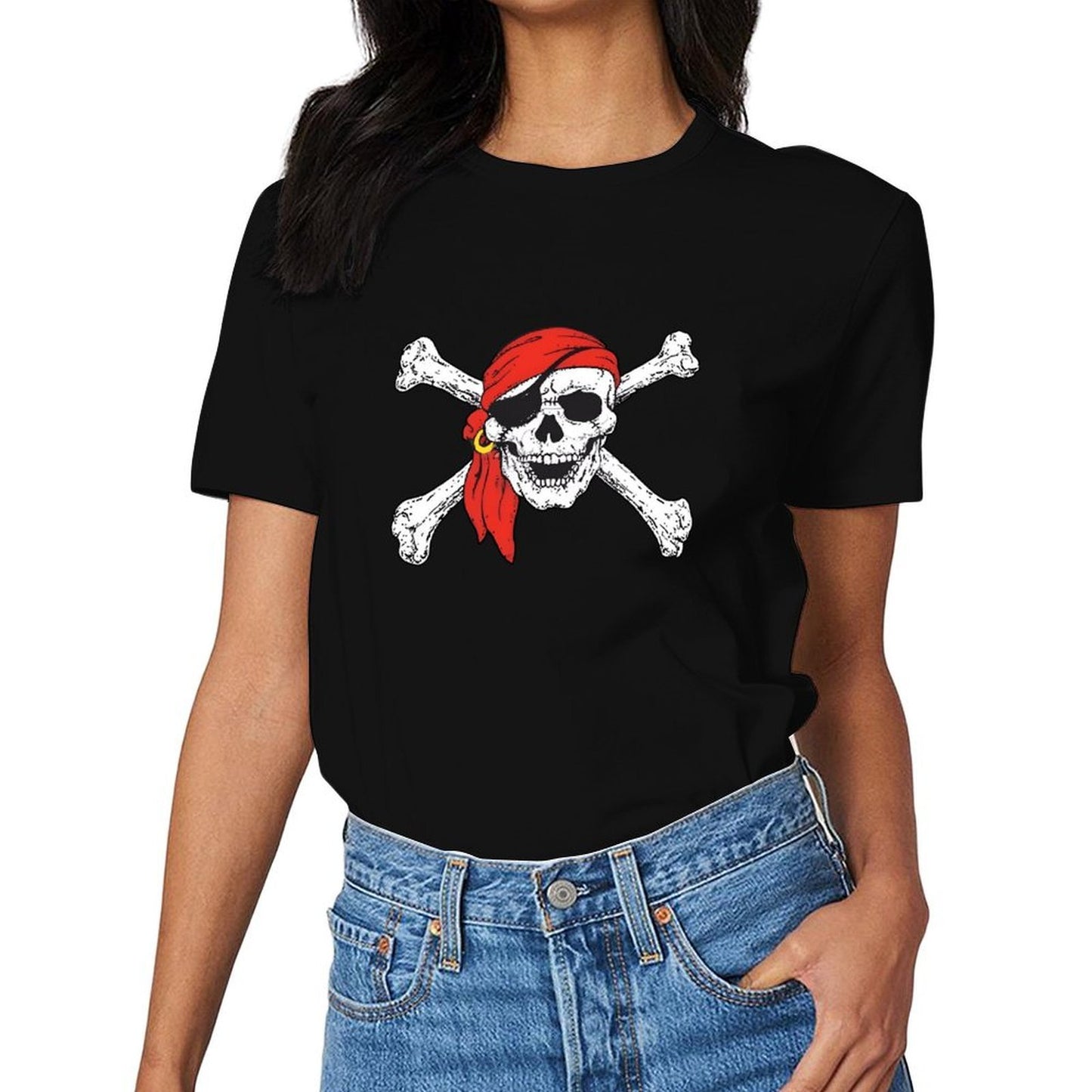 Inkmay Casual Cotton T-shirt Pirate Skull With Red Bandana Crossbones Unisex T-shirtNeat Clean T-Shirt