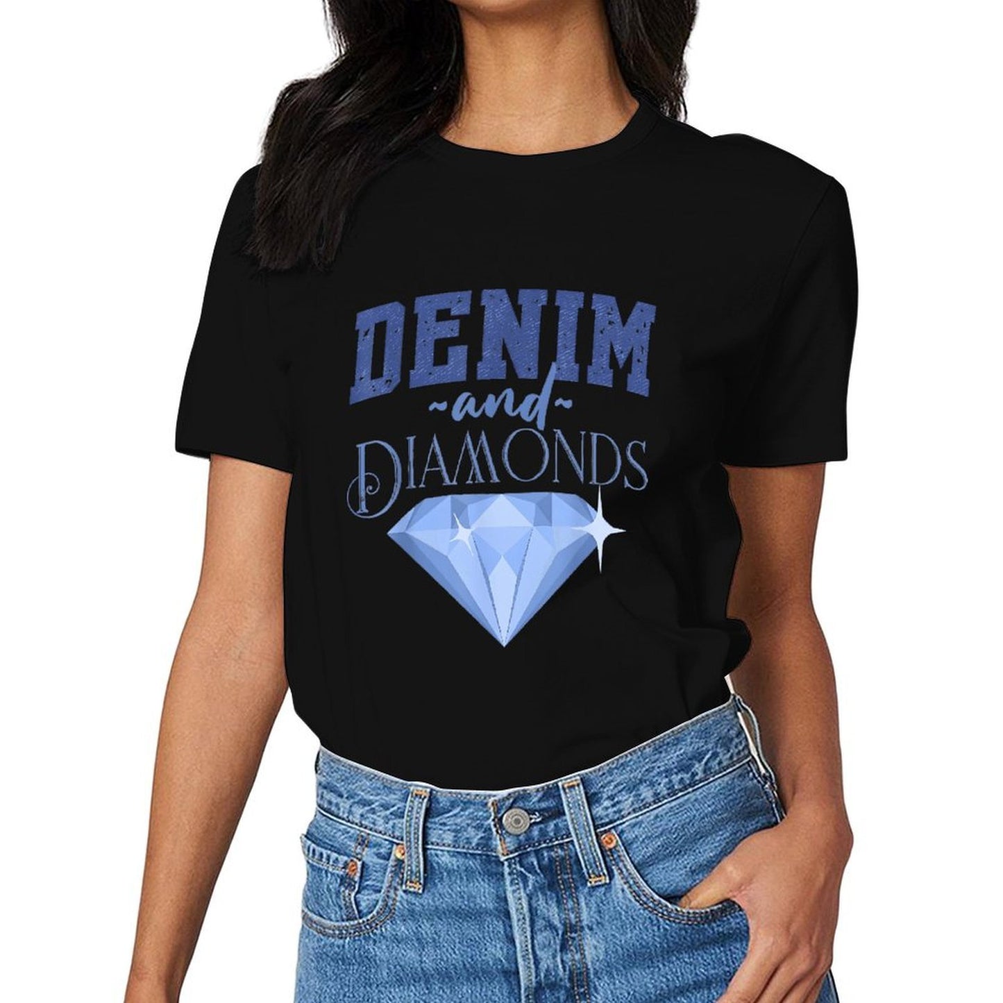 Inkmay Casual Cotton T-shirt Denim And Diamonds Blue Gem Print Unisex T-shirtModern PureStyle T-Shirt