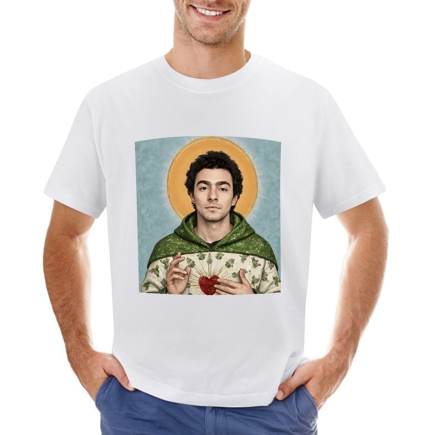 Inkmay Casual Cotton T-shirt Green Robe With Floral Pattern Print Unisex T-shirtRelaxed Fit Pure T-Shirt