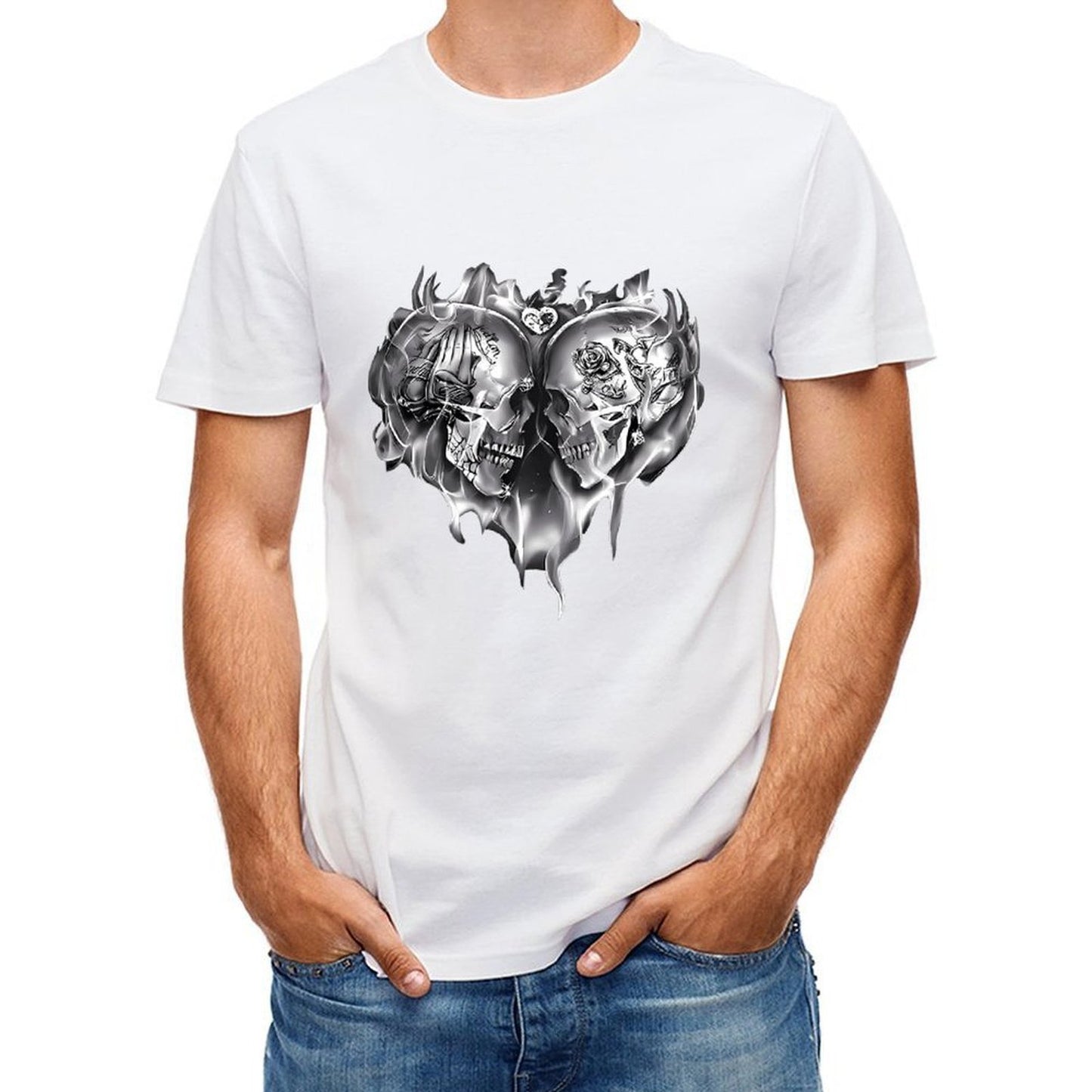 Inkmay Casual Cotton T-shirt Skull Flames Heart Design Art Print Unisex T-shirtSignature Weekend T-Shirt